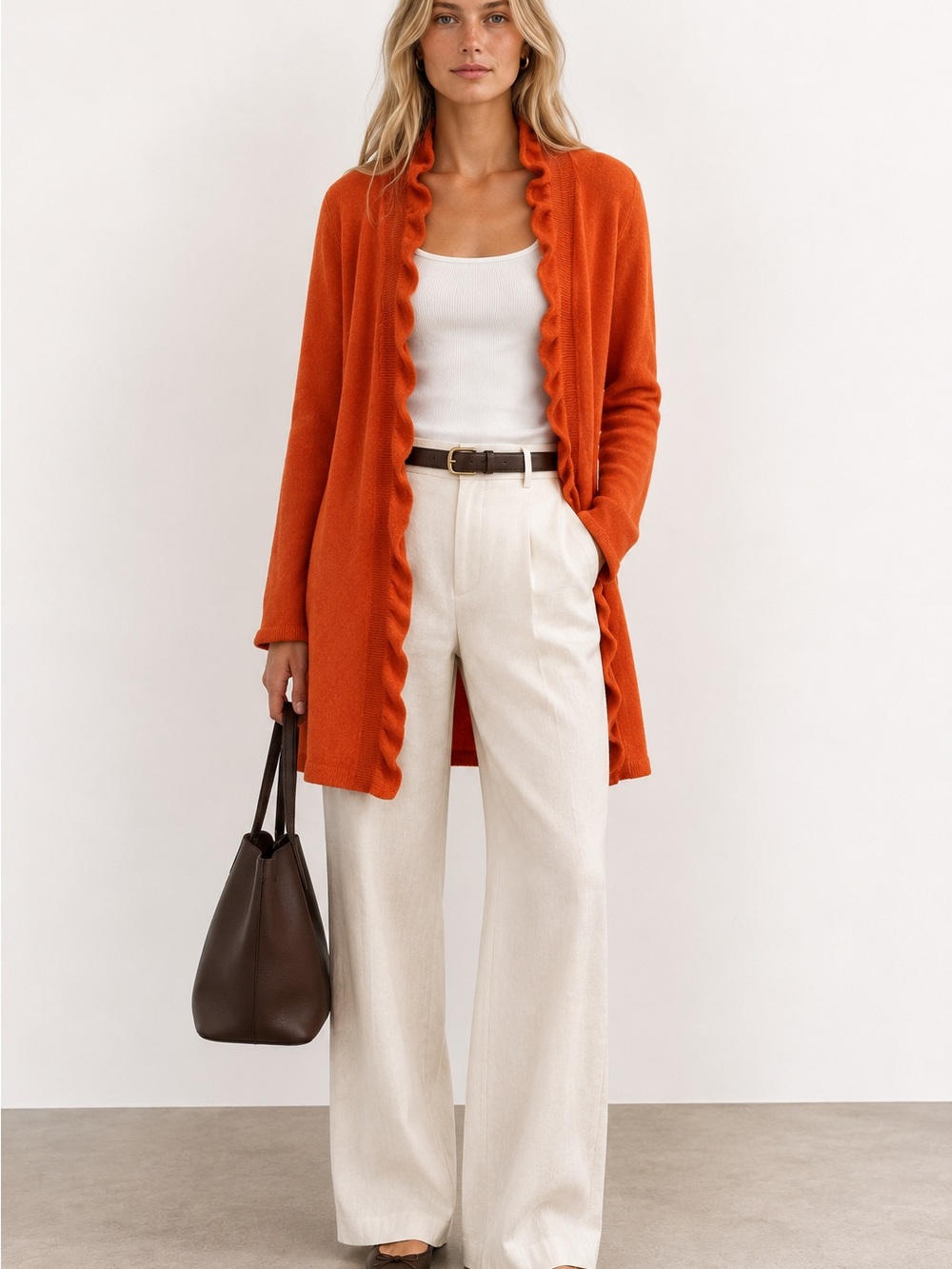 Forte Cashmere Ruffle Trim Open Front Cardigan Long Line Lightweight Fall Orange